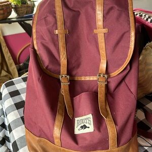 Roots Maroon Canvas Backpack with Brown Leather Trim